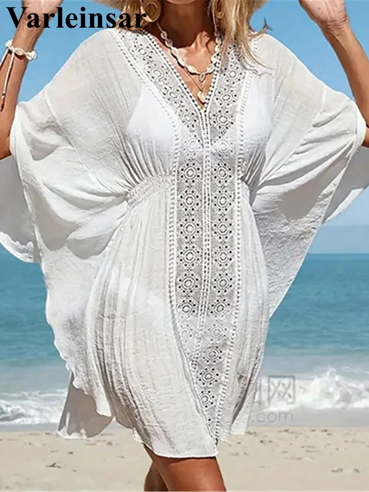 V Neck Half Sleeve Hollow Out Crochet Knitted Tunic Beach Cover Up Cover-ups Beach Dress Beach Wear Beachwear Female Women V6283