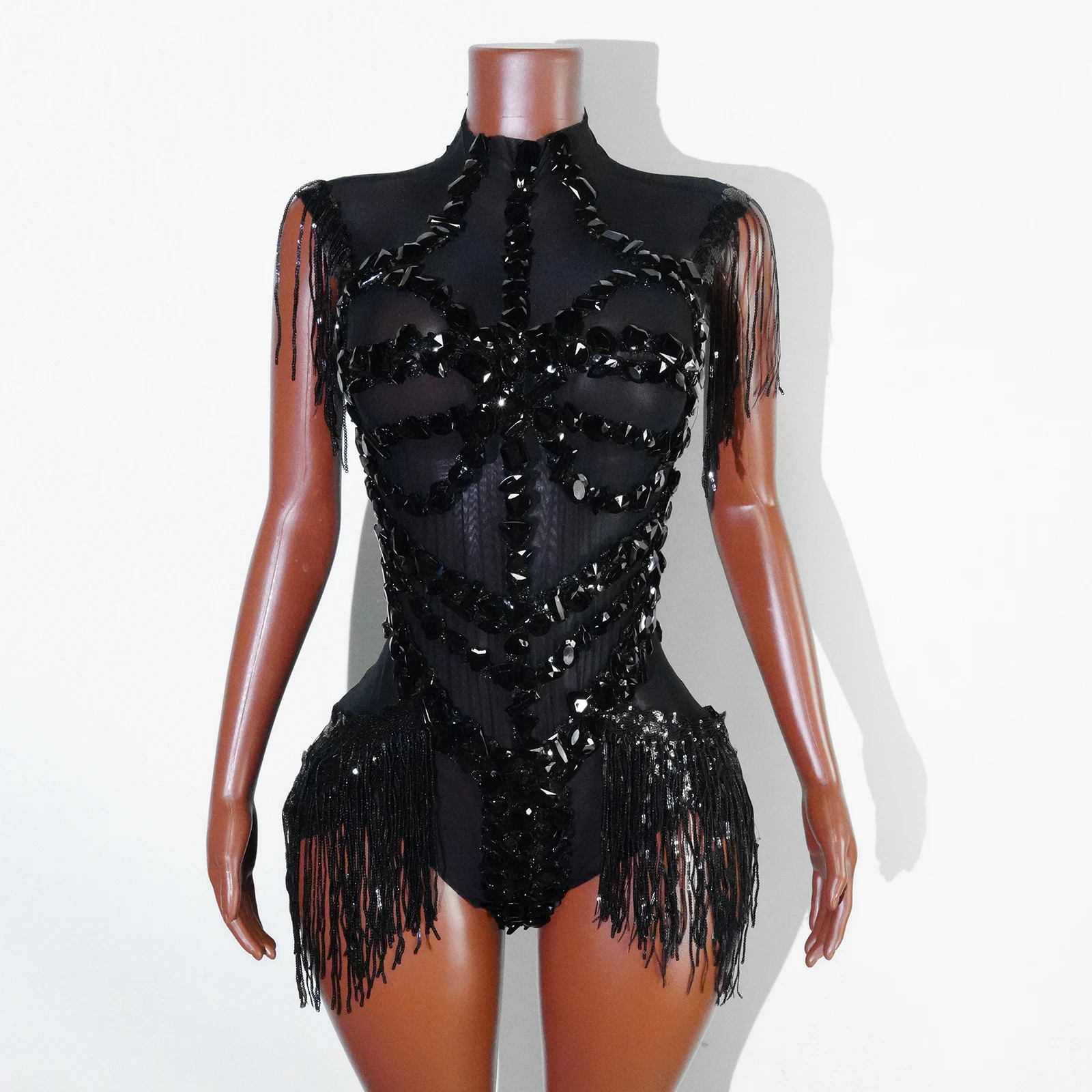 Zwarte pailletten franjes turnpakje mesh doorzichtige party bodysuit dames glittersteentjes nachtclub prom gogo dans podiumoutfits