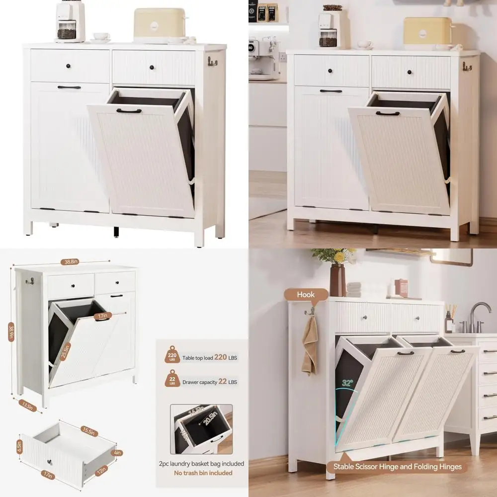 خزانة سلة الغسيل مع سلة مهملات قابلة للإمالة وسلة تخزين، طراز مزرعة سعة 10 جالون، تصميم حبوب خشبية مخفية