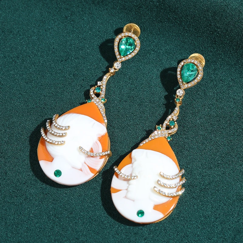 

Green Crystal Dangle Drop Earring Vintage Cameo Jewelry Pendant Orange White Stone Luxury Style For Girls Party 2026 New