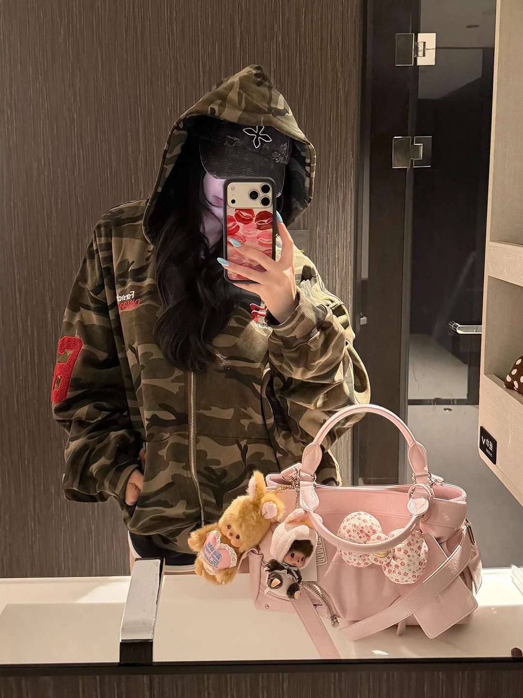 American High Street Camouflage Embroidered Hooded Open Cardigan Women's Loose Design Autumn Outerwear Comfortable Warmth