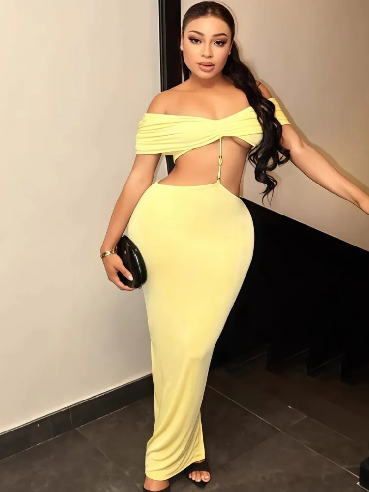 فستان بدون أكتاف للنساء خريفي بأكمام قصيرة بلون سادة فساتين مثيرة أنيقة للحفلات المسائية نحيفة قابلة للتمدد ماكسي Bodycon