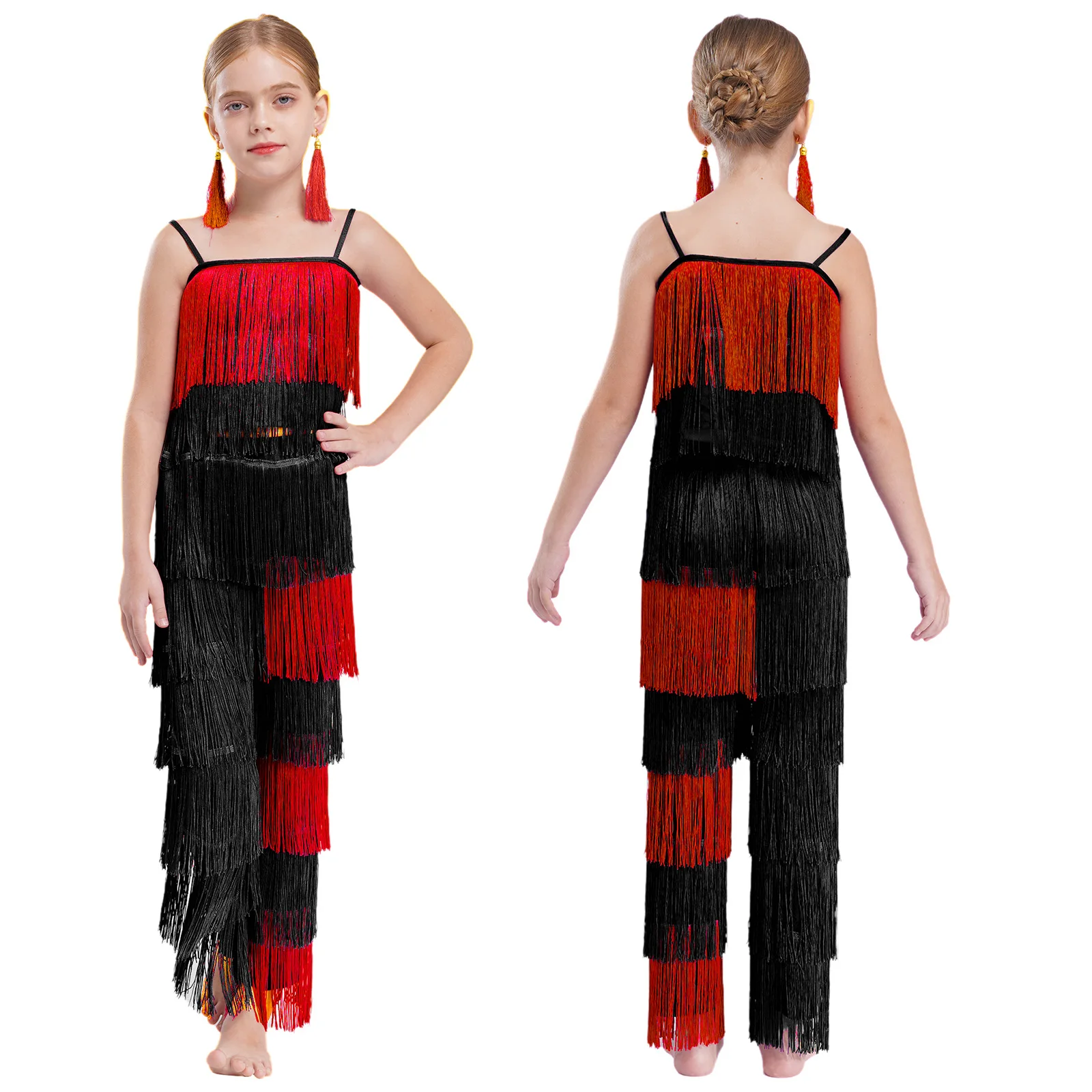 

Kids Girls Latin Dance Outfit Stage Performance Competition Costume Tiered Tassels Camisole Crop Top With Pants Fringe Ear Clips