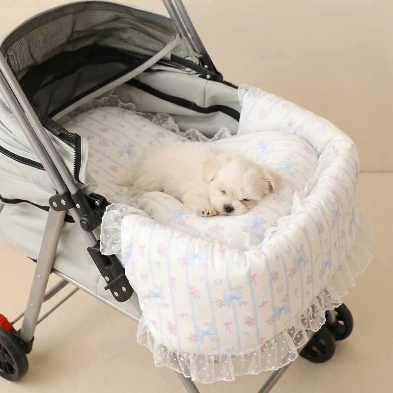 Cute Lace Pet Stroller Pad All-season Breathable Pet Cart Cushion Neck Rest Pillow for Small Dog Cat Stroller Accessories
