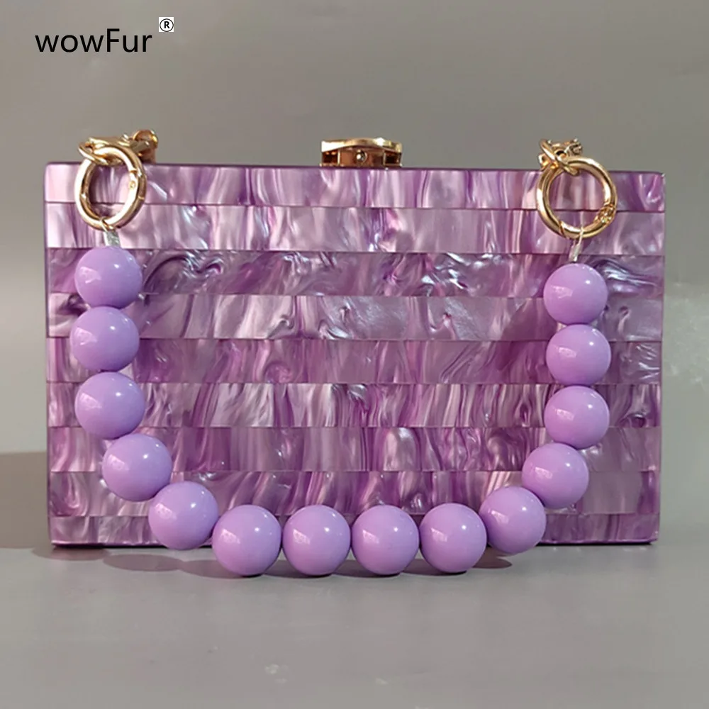 New Brand Luxury Pearl Purple Fashion Women Shoulder Bag Bead Handle Chain Acrylic Box Clutches Evening Wedding Party Purse Bags