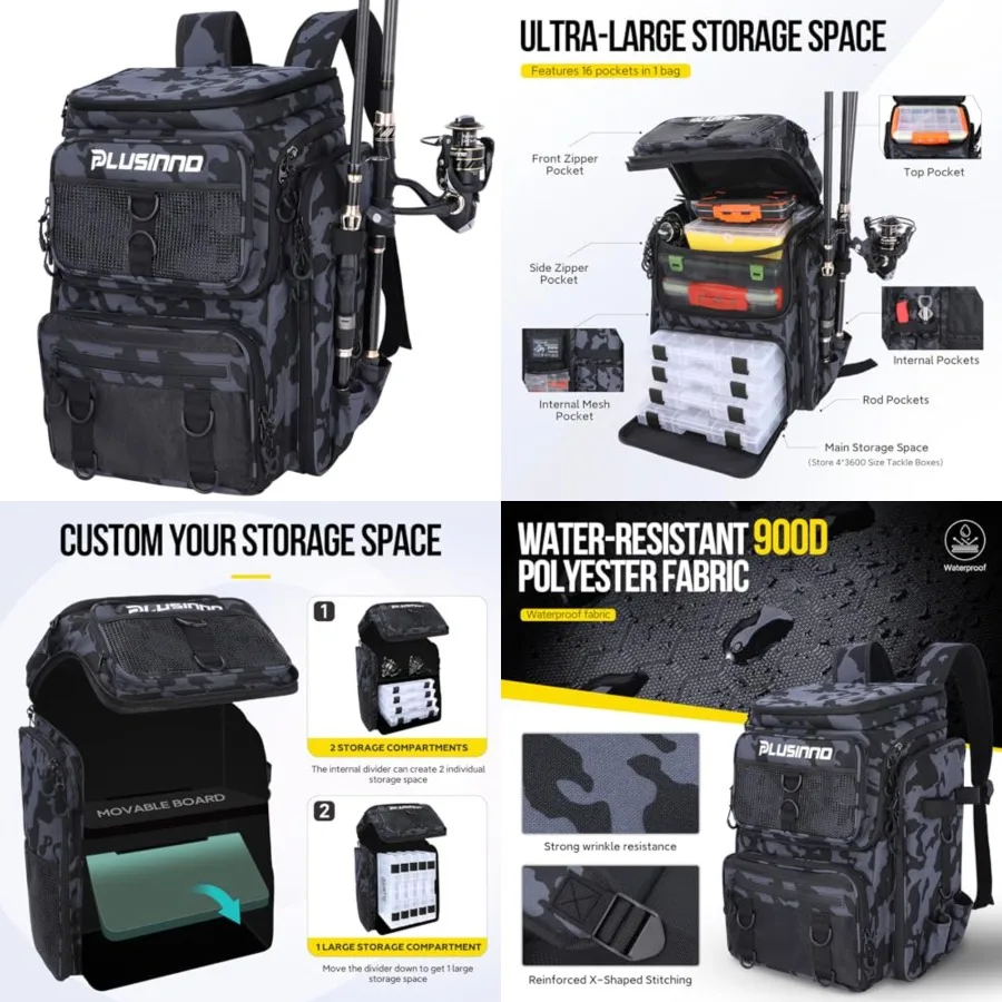 

Fishing Backpack with Rod Holders Tackle Box, 42L Large Water-resistant Fish Tackle Bag Store Fishing Gear