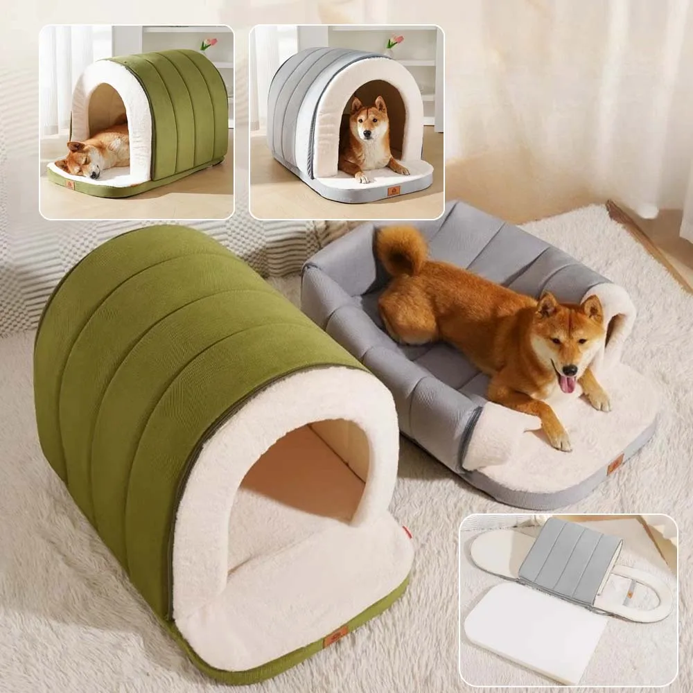 

Winter Warm Large Cat Bed House Closed Dog Kennel Winter Removable Grey Green Plush Pet Mat Four Seasons Use Legowisko Dla Psa