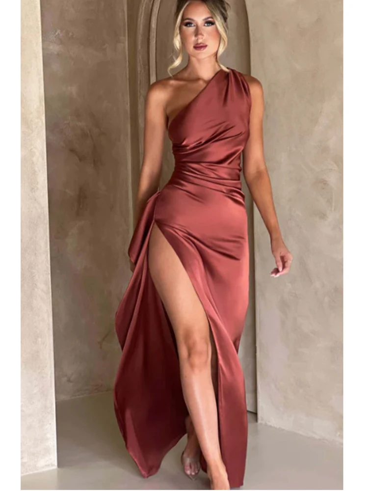 Fashion Summer Women\'s Single Shoulder Pleated Satin Dress Sexy Slim Fit Elegant Party Long Dresses For Women