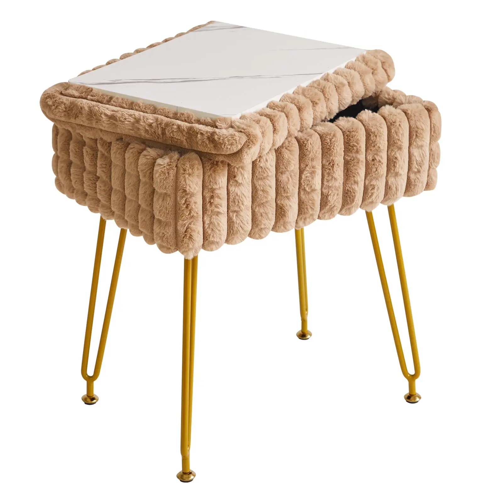 

Faux Fur Upholstered Vanity Stool With Marble Top And Storage Compartment, Gold Hairpin Legs, Khaki Square Design