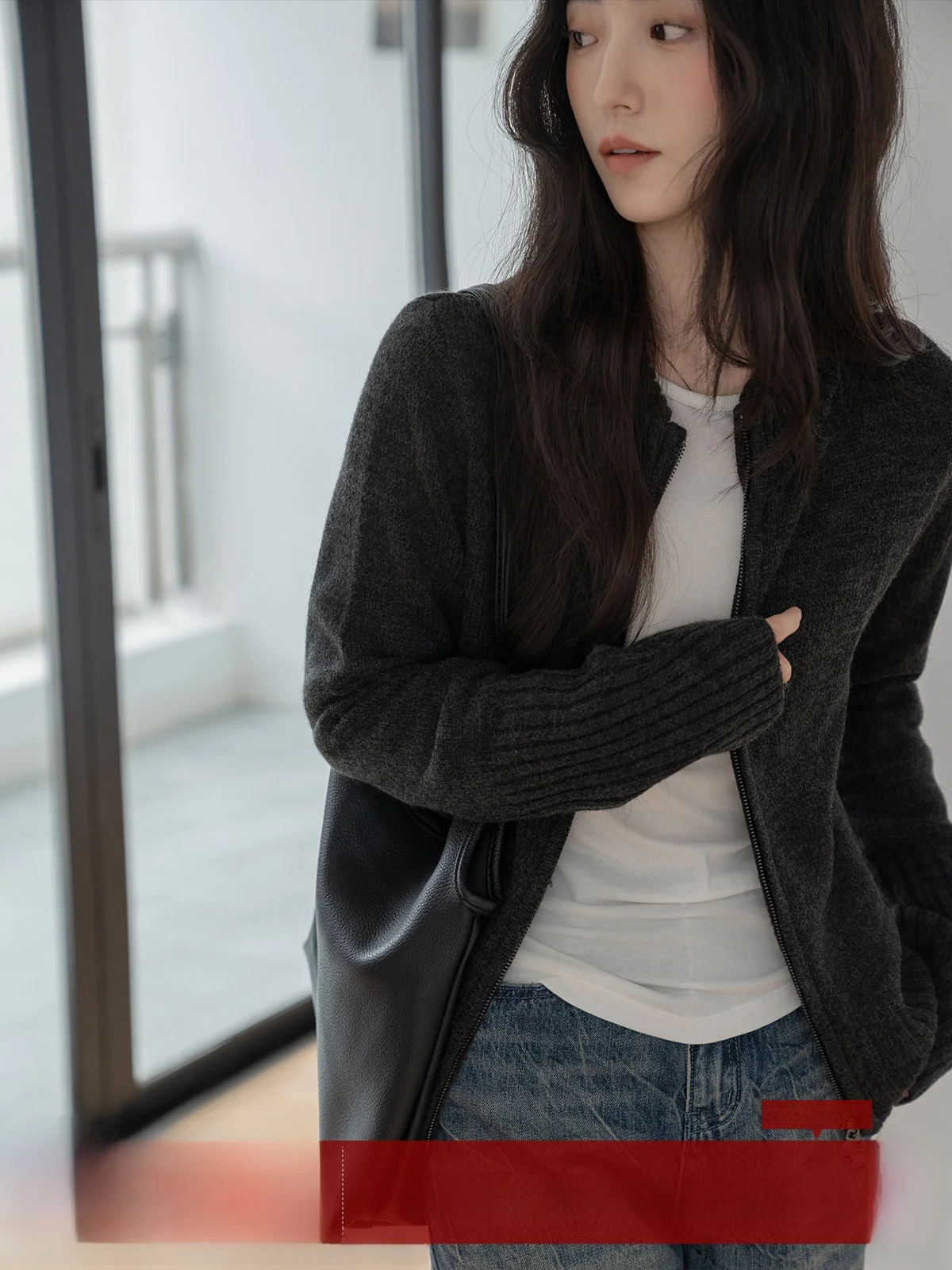 

MoZaic Loose Casual Knitted Cardigan Sweater Women's Outerwear Spring Deep ey Retro Sle Double Zipper Open-irt Sle