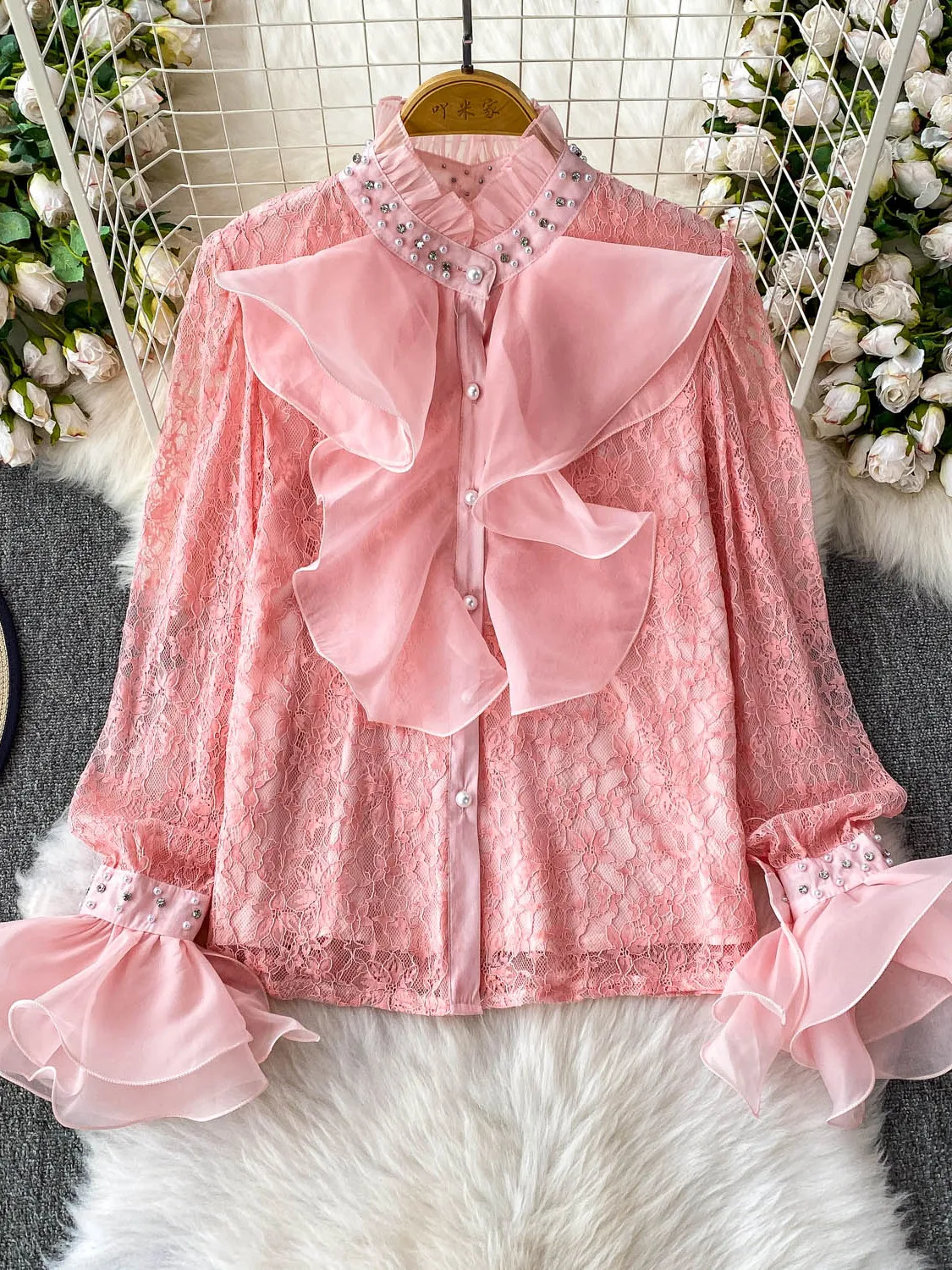 

2026 New Autumn Women Vintage Stand Collar Flare Sleeve Shirt Heavy Work Diamonds Mesh Ruffles Patchwork Lace Shirt Tops