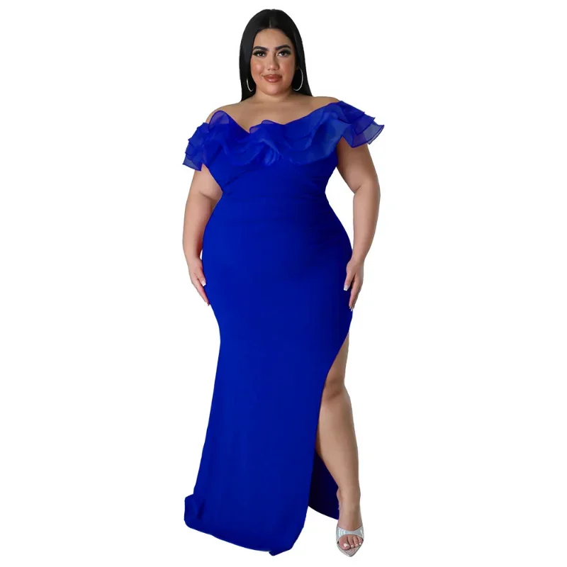 L-4XL Plus Size Women Clothing Party Dresses African Spring Summer Mesh Ruffles Bodycon Split Sexy Club Elegant Evening Dress