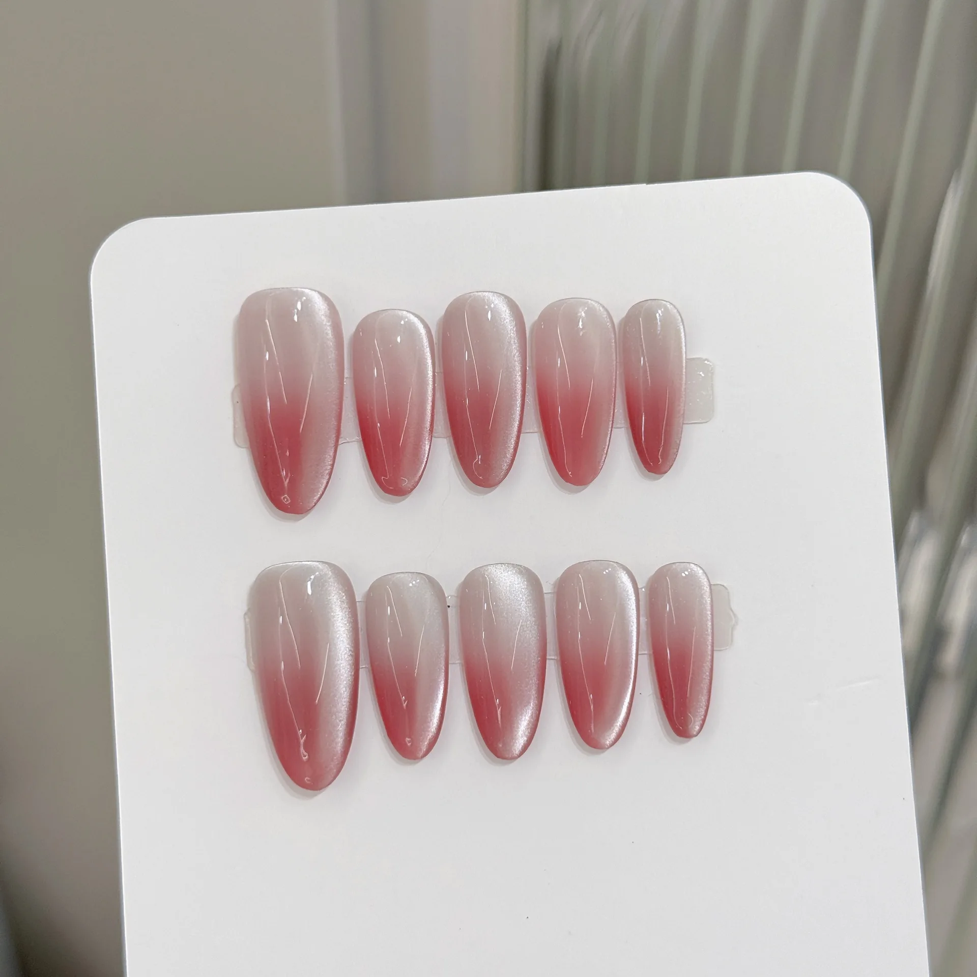 

10 шт., миндалевидные накладные ногти ручной работы, простые градиентные розовые накладные ногти, многоразовые носимые милые корейские накладные ногти «кошачий глаз»