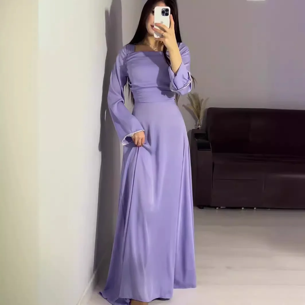 Satin Bodycon Dress for Women Fashion Long-sleeved Hand-set Diamond A-line Dress Spring Elegant Party Evening Dresses Vestidos