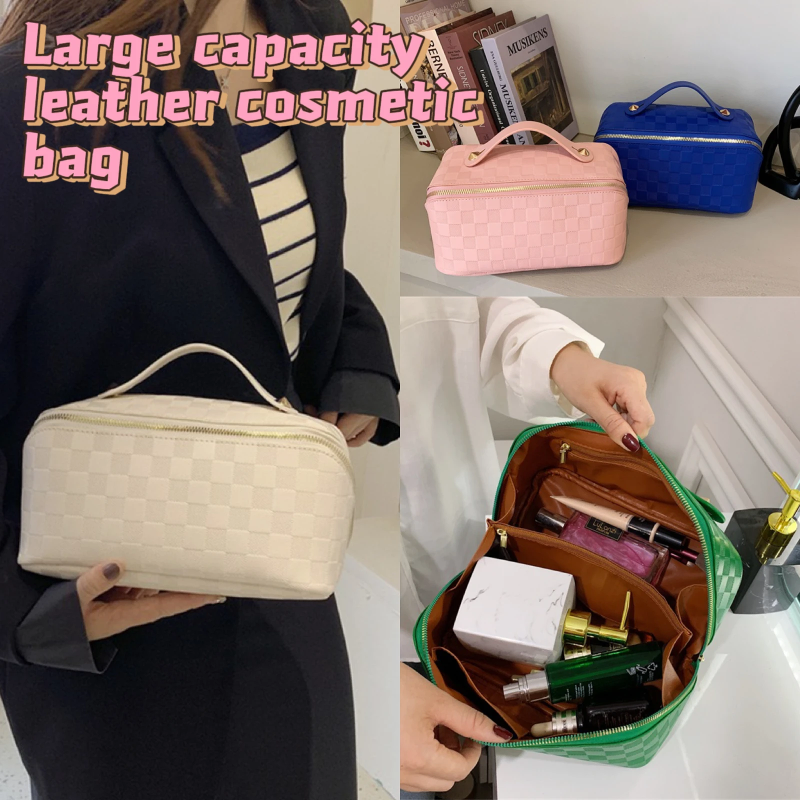 

2023 Large Capacity Fashion Leather Color Cosmetic Bag Lady's Portable Travel Amenity Bag Waterproof Storage Bag Finishing Box