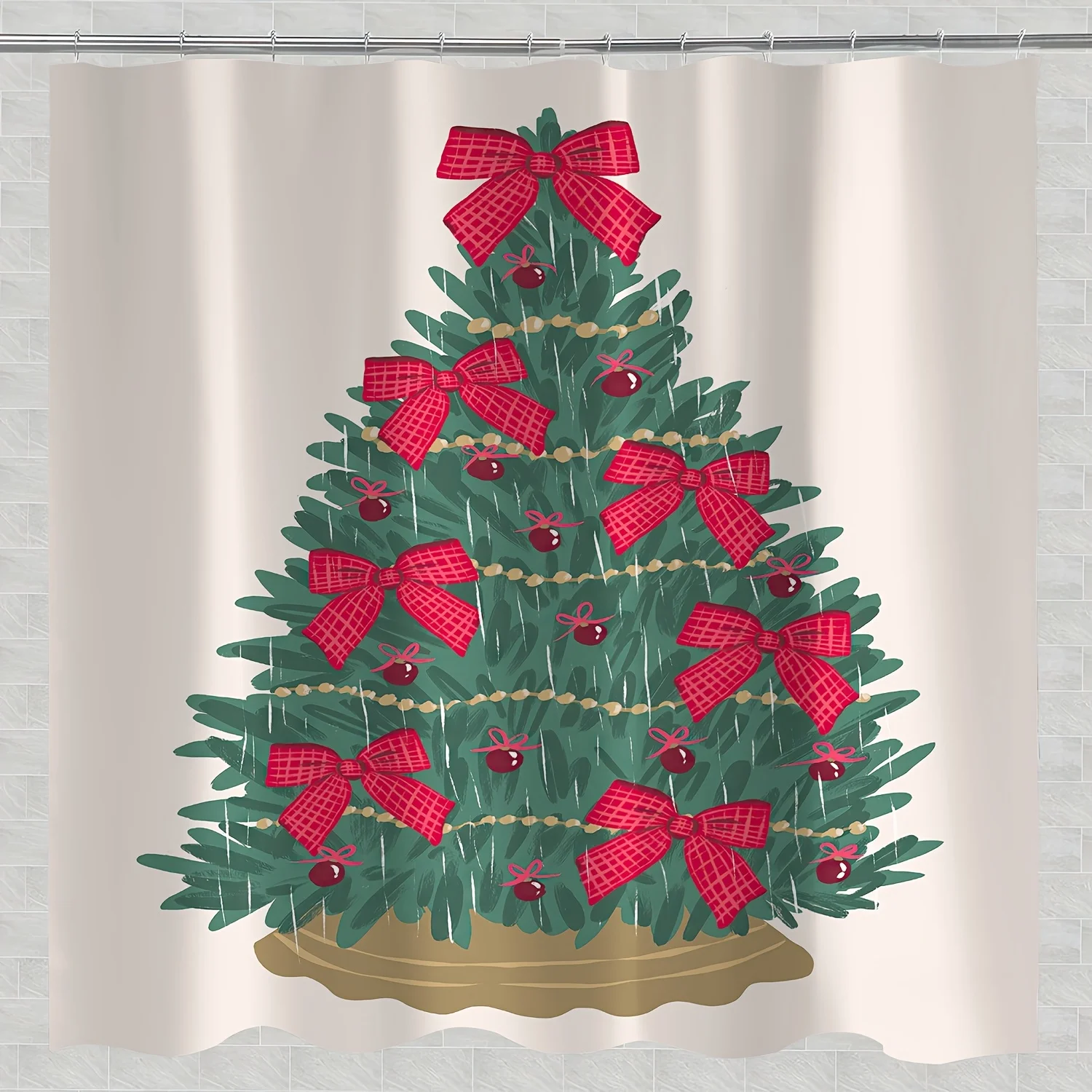 

1pc Festive Christmas Tree Shower Curtain - Modern Nordic Style, Polyester, Machine Washable, Digital Print with Red Bows & Gold