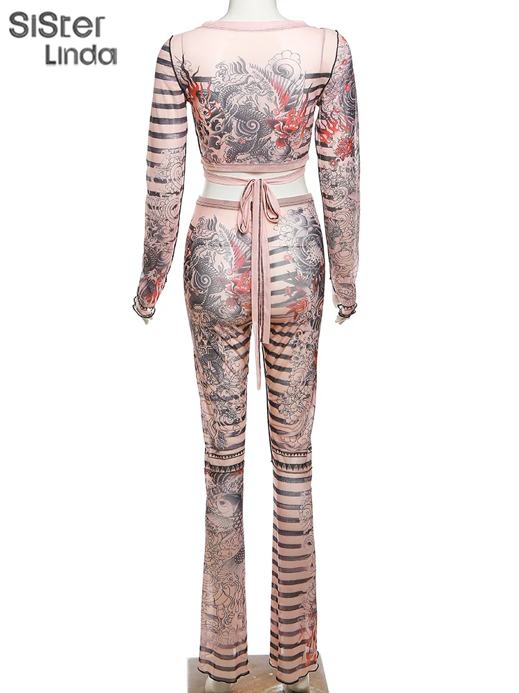 Sisterlinda Dragon Stripes Print 2 Piece Sets Women Full Sleeve Sexy See Through Wrapped Bandage Tops+Fit Pants Matching Outfits