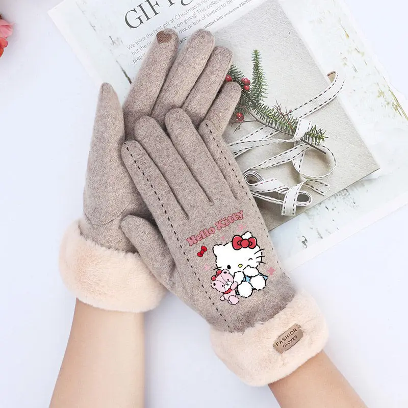 

Sanrio Hello Kitty женские перчатки Kawaii мультфильм зимние студенческие теплые перчатки велосипедные морозостойкие варежки с сенсорным экраном и полным пальцем новые