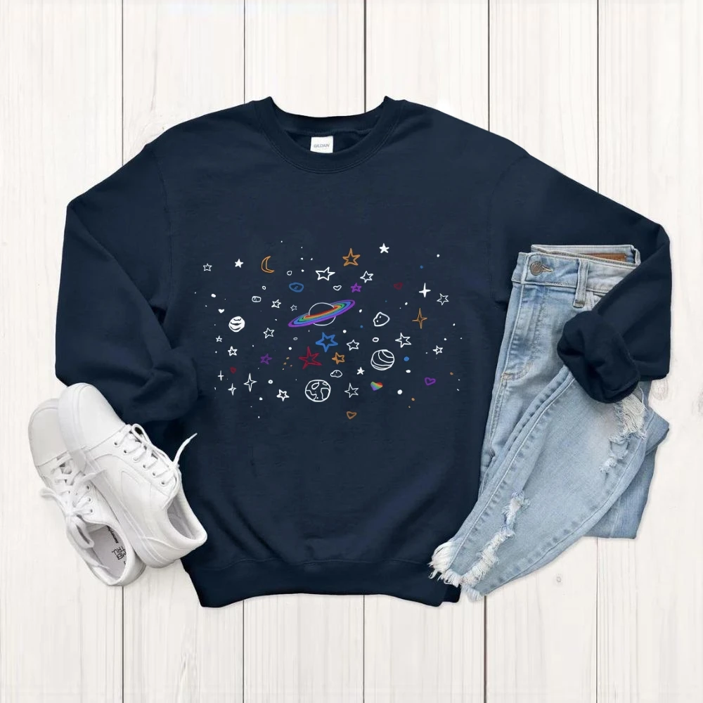سويت شيرت كاجوال فضفاض بأكمام طويلة ملون من Galaxy Motif عصري كاجوال عصري مريح من القماش