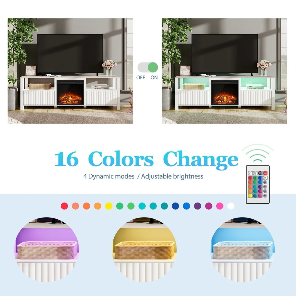 حامل تلفزيون مدفأة بيضاء مقاس 75 بوصة مع مدفأة كهربائية، خزائن تخزين بإضاءة LED لغرفة المعيشة وغرفة النوم