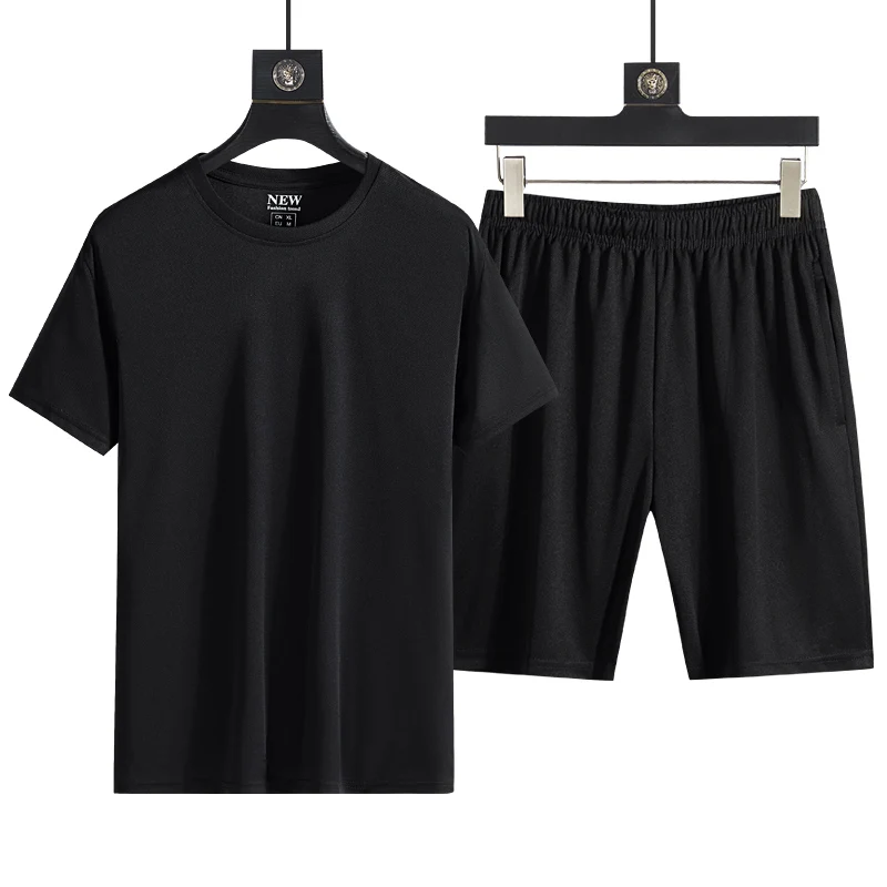 

Summer Ice Silk Quick Drying Casual Sports Solid Color Set Men's Round Neck T-shirt Shorts Two Piece Set Short Sleeves, 5/4 Pant