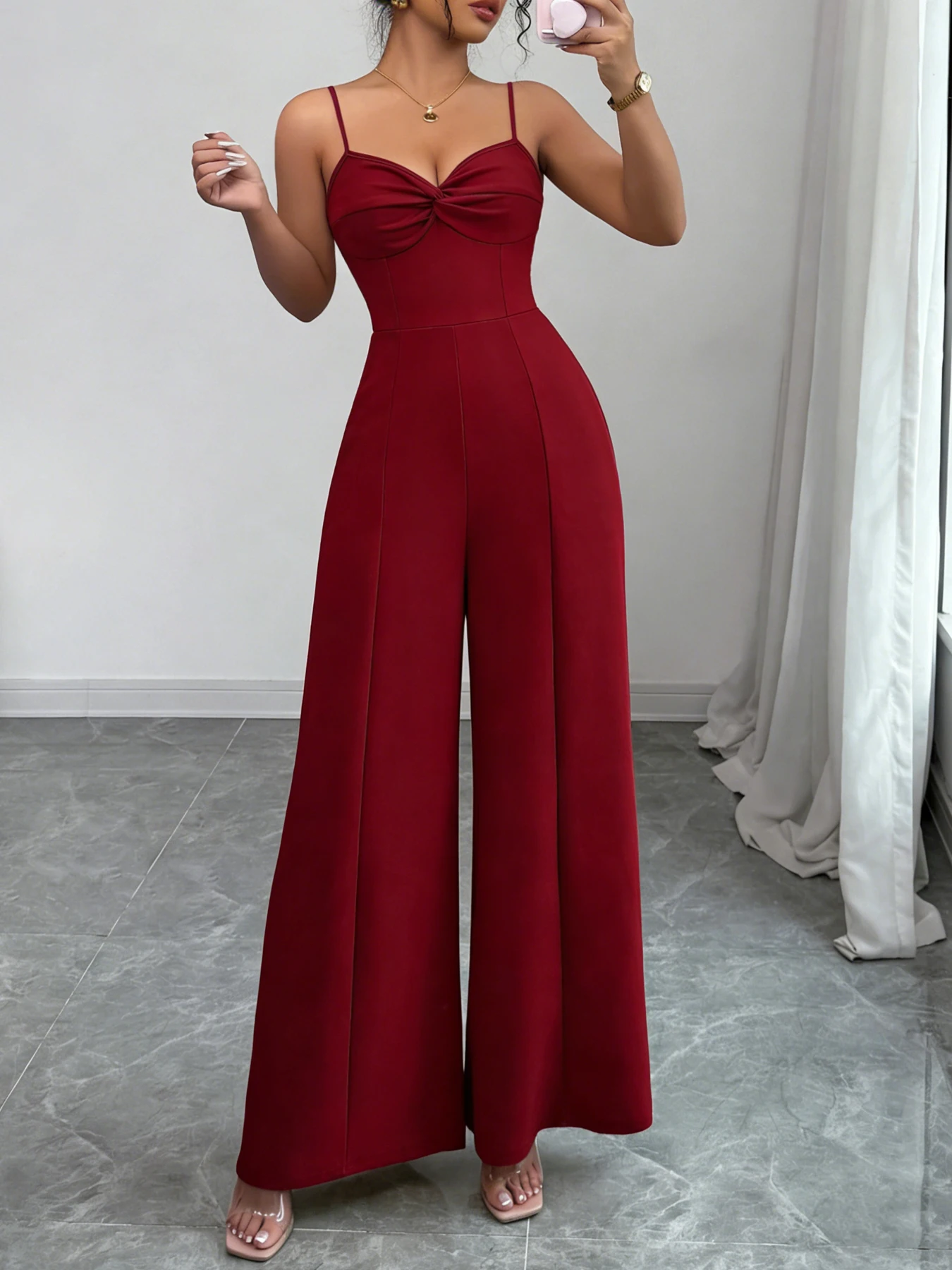 

Женский сексуальный бордовый комбинезон на тонких бретелях с перекрученным лифом, завышенной талией и широкими штанинами для весны и лета, элегантный, модный, для вечеринок и свиданий