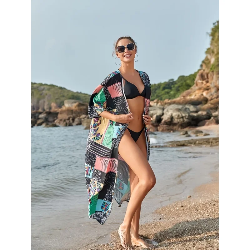 Casual Outgoing Seaside Vacation Bikini Swimsuit Cover-up, Mid-length Beach Coat Cardigan Sunscreen Clothing Women.