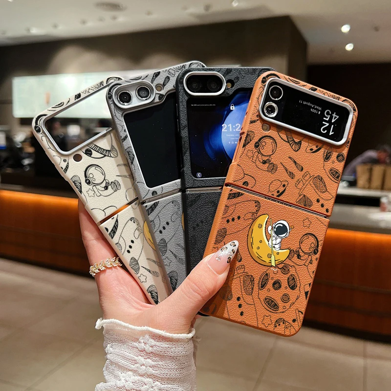 لسامسونج غالاكسي Z فليب 5 6 4 3 5G الكرتون رائد الفضاء للطي جراب هاتف الجلود الملمس بولي TPU غطاء ناعم لسامسونج Z Flip4