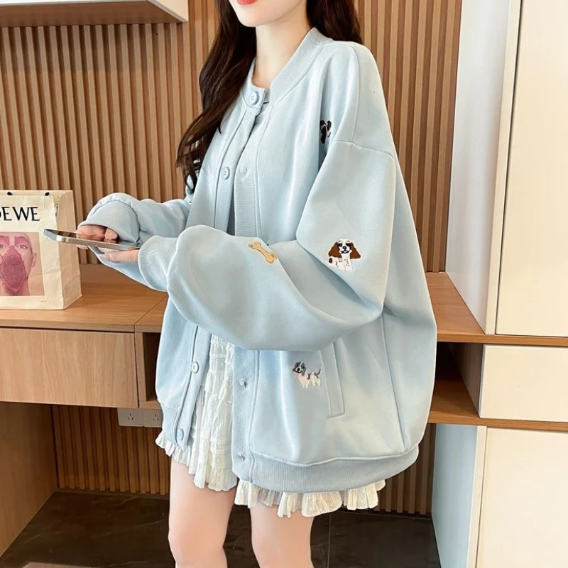 

Women's Loose Cozy Baseball Jacket Hoodie American Puppy Embroidered Cardigan Thin Fabric Spring Autumn Outerwear for Slimming​