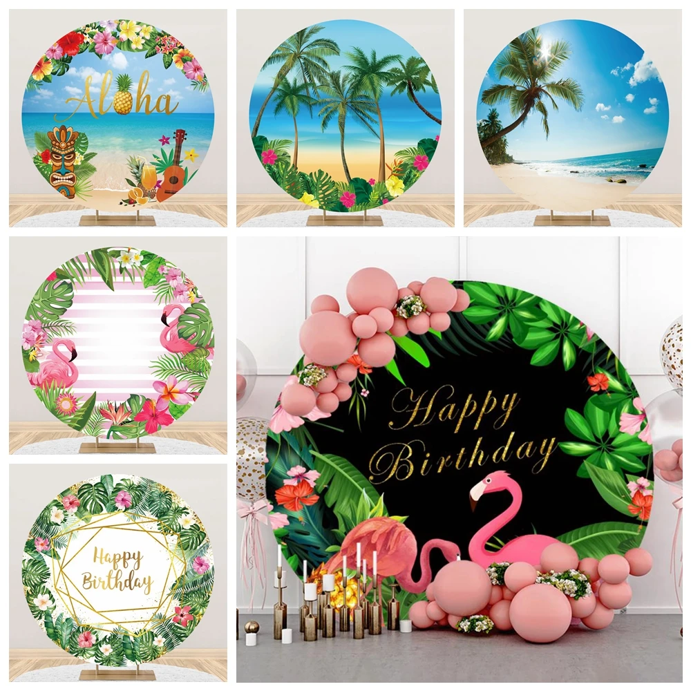 

Summer Aloha Party Round Backdrop Cover Hawaii Beach Seaside Flamingo Palm Trees Baby Birthday Kids Photo Photography Background