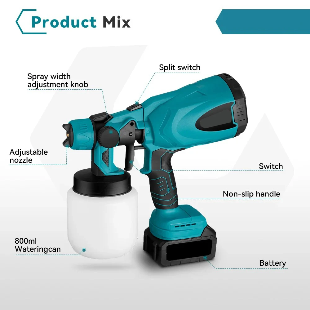 800ML cordless electric portable lacerware automotive hardware steel coated air brush compatible with Makita 18V battery