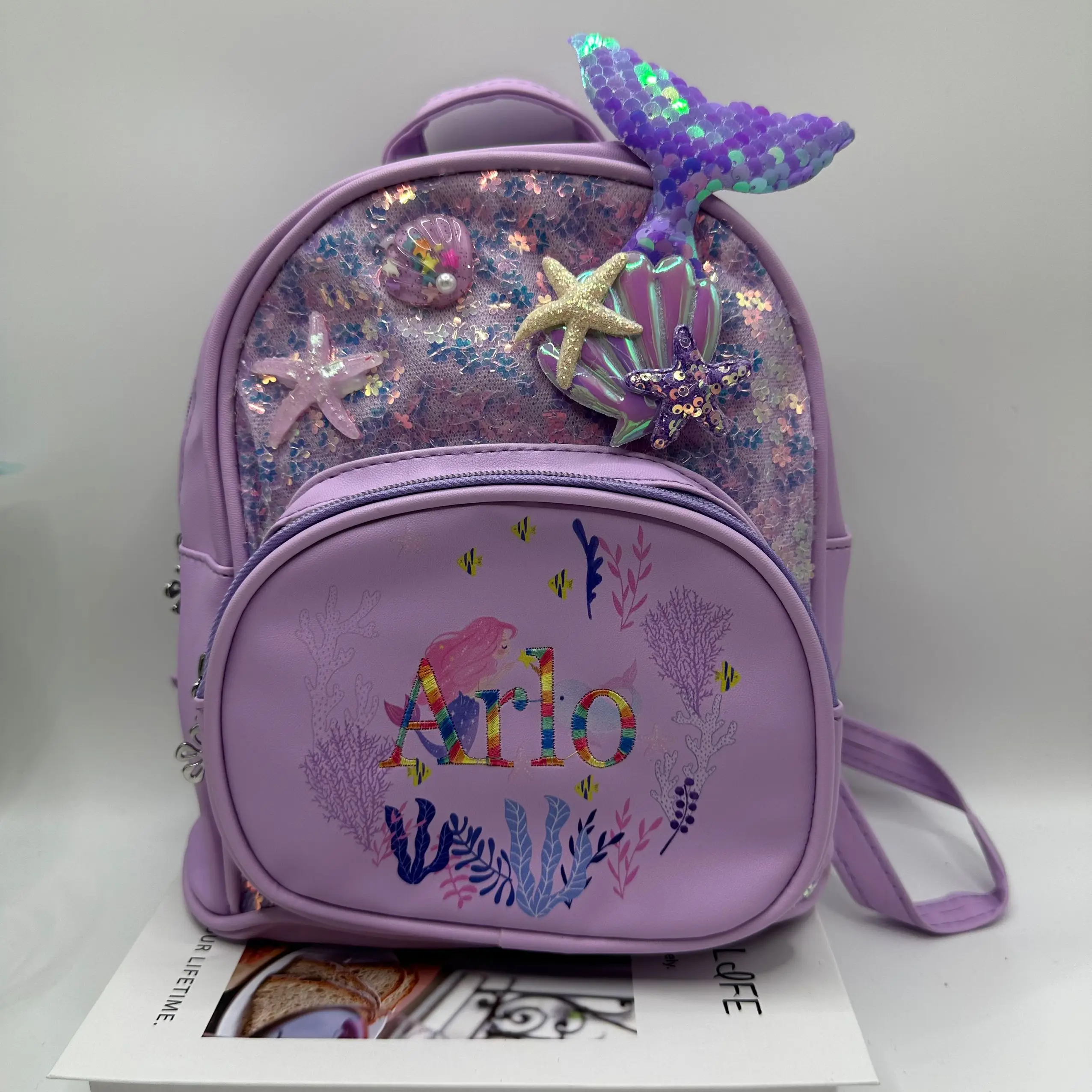 Colorful Thread Personalized Mermaid Sequin Backpack Embroidery Customized Children\'s Backpack Kindergarten Backpack