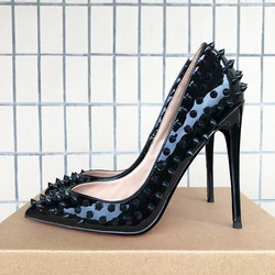 Veowalk Front V Cut Women Black Spikes Pointed Toe Stilettos Pumps Sexy Fashion Dress High Heel Shoes for Party Show 8-12cm
