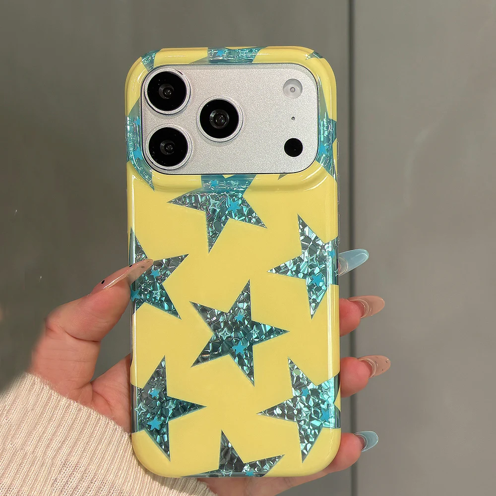 Modische Glitzer-Fünfzackiger-Stern IMD TPU-Hülle für iPhone 18 17 16 15 Pro Max Glänzende Hellgelbe Schutzhülle