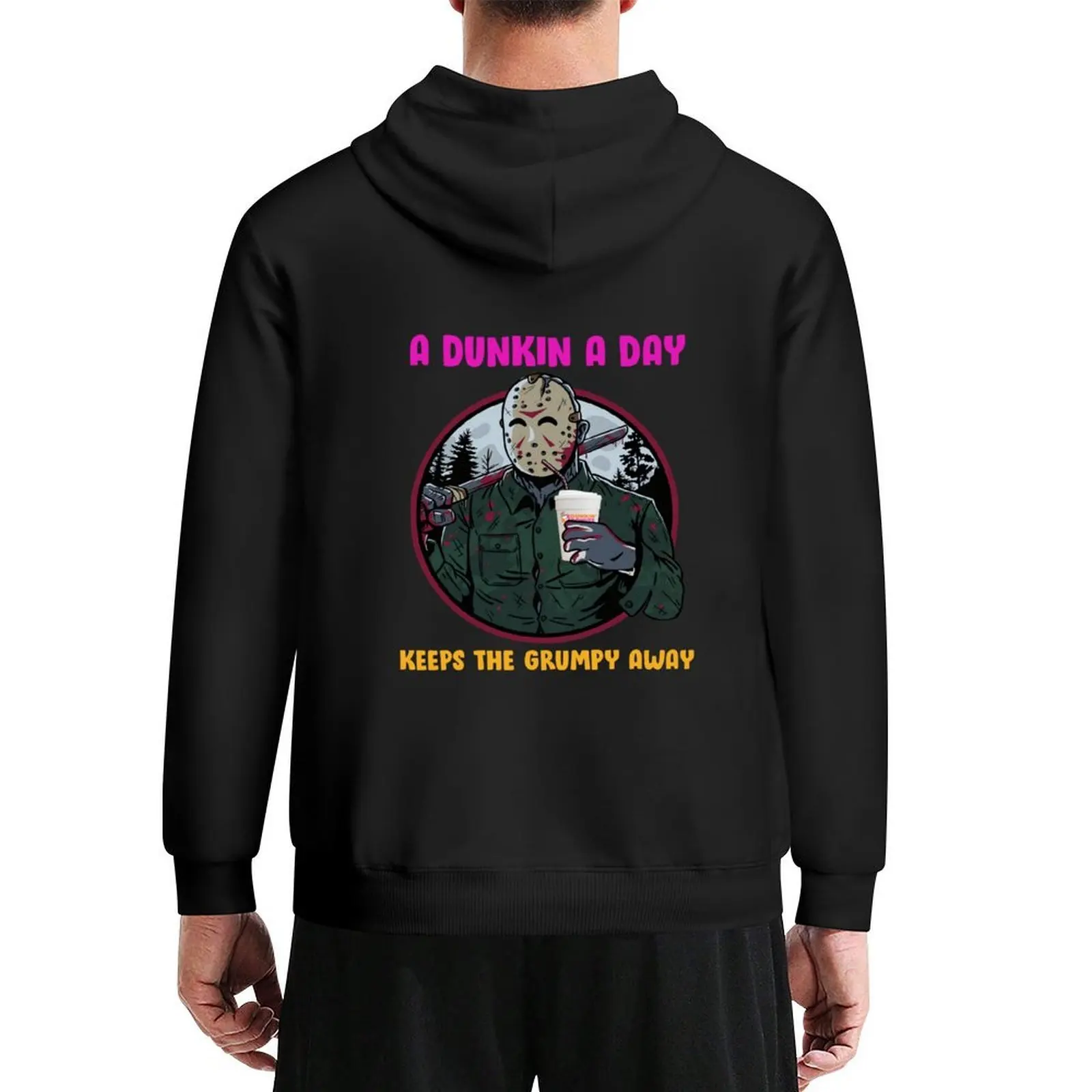 

Savemeestore Jason Vóorhées A Dunkin A Day Keeps The Grúmpy Away Halloween Dunkin Donuts Love black Hoodie