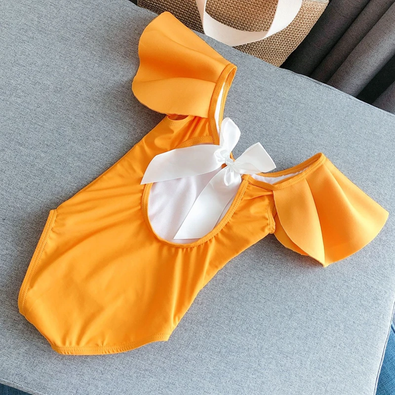 Kids Clothes Girls Swimwear Summer Bow Ruffled Solid Backless Swimsuit for Babies Fashion One Piece Young Children\'s Clothing