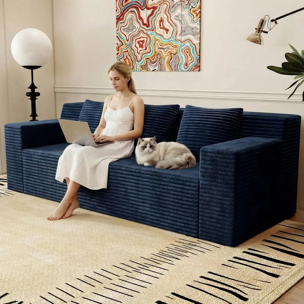 

Диван-софа 71 Deep-Seated Corduroy на 2 места с подушками и боковыми карманами, синий, готов к использованию