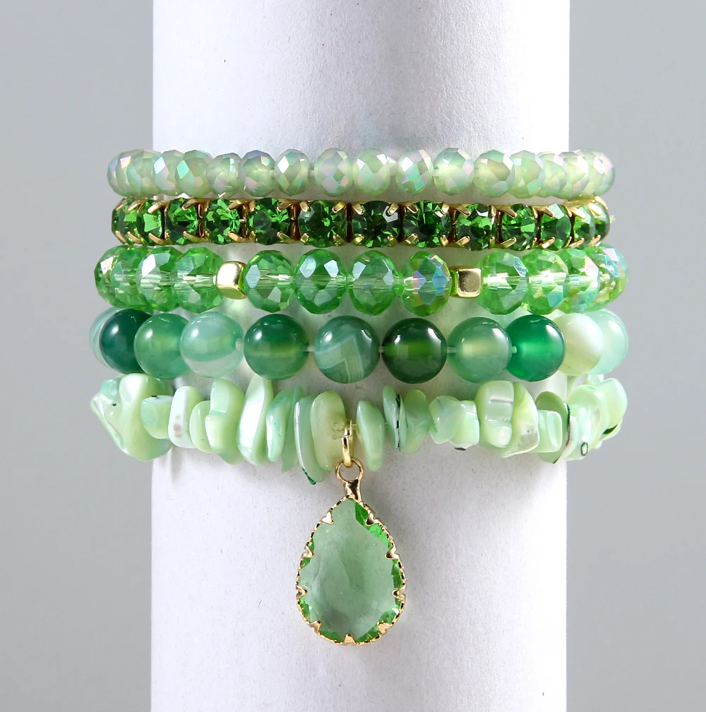 

Fashion Bohemian Women Stack Jewelry, 5pcs Multicolor Natural Stone Glass Shell Beaded Elastic Bracelet Set