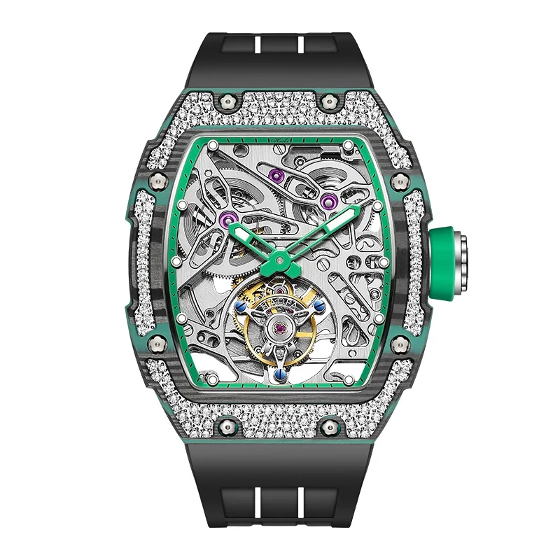 Haofa Automatic Tourbillon Watch Luxury Carbon Fiber Diamond Case Skeleton Mechanical Watch Sapphire Waterproof Luminous 1901-3