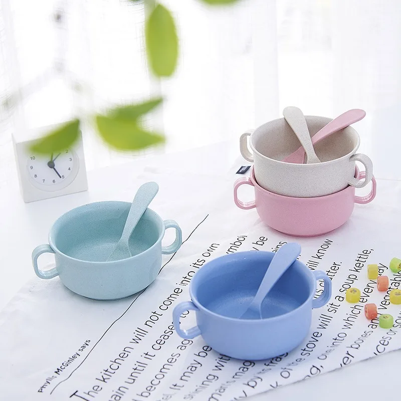 

Wheat Straw Baby Bowl Shatterproof Design Toddler Feeding Dish Cute Double Handle Bowl BPA Free Dishwasher