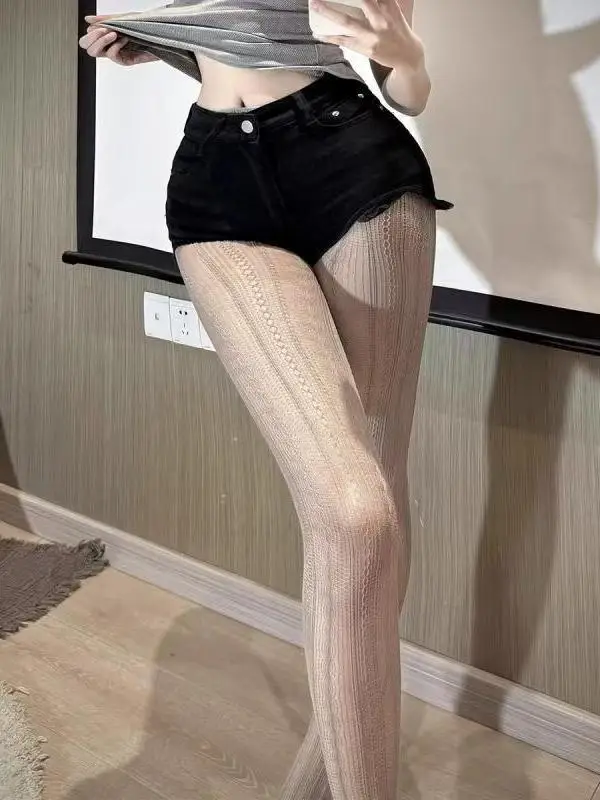 plus Size Lace Hollow Vertical Net Stockings Women Sexy Pure Desire Long Pants Commute Style High Waist Regular Thickness - view 3