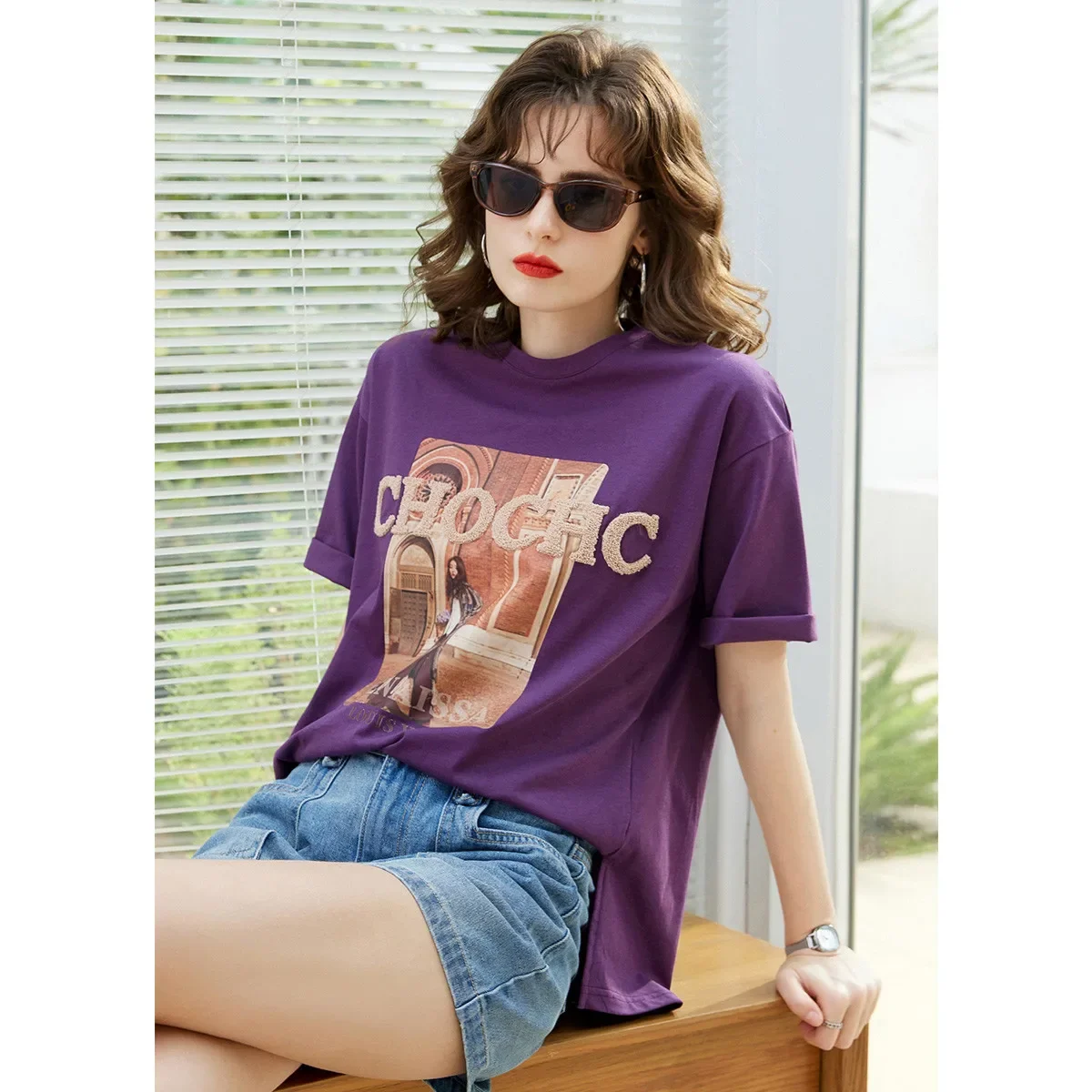 LOUIS YAO Women T-shirt 2024 Summer New 100% Cotton Tee O Neck Short Sleeve Print Casual Loose Pullover Top