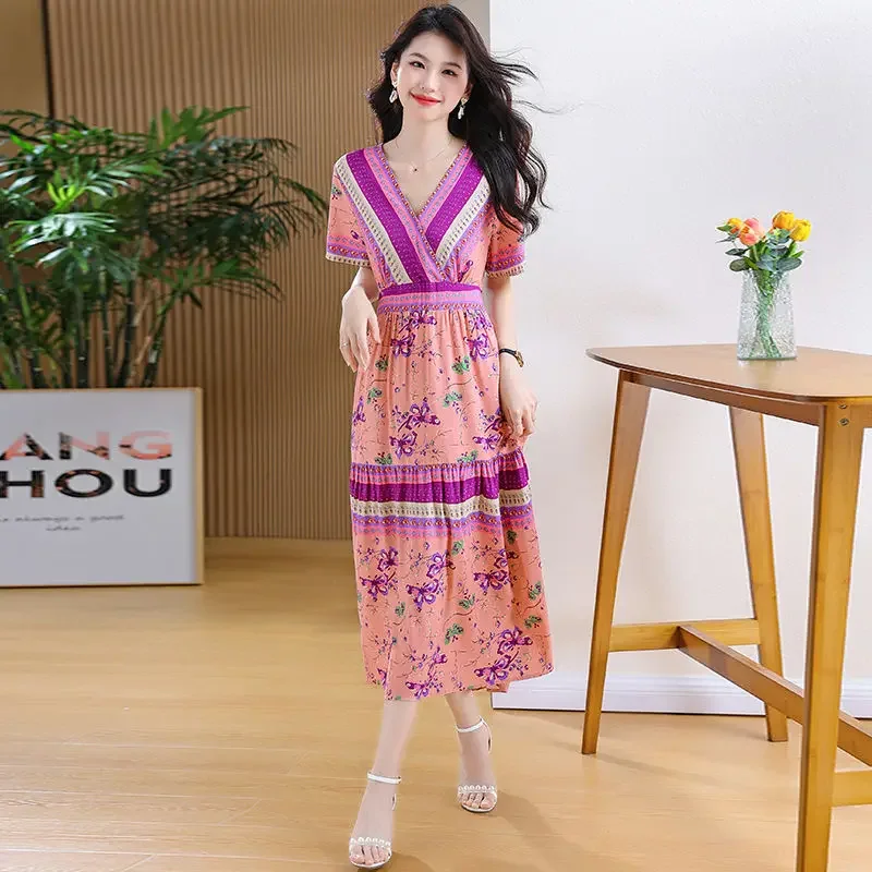 الأزهار زهرة عطلة فساتين حريمي بوهو ميدي فستان ملابس عصرية Harajuku مصمم متعرج الشاطئ Kpop على تعزيز الساخن