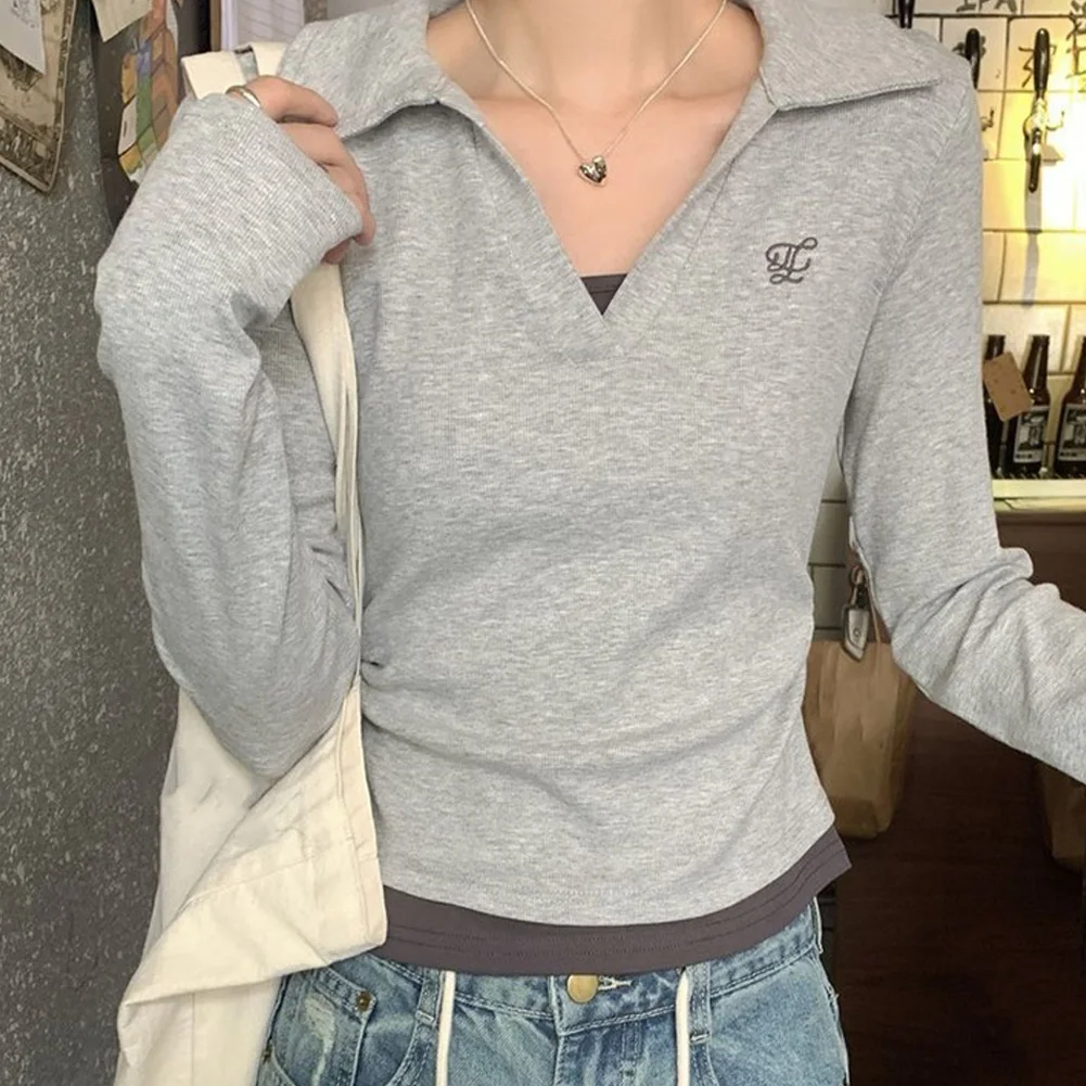 

Polyester women's slim fit long sleeve lapel bottoming top designed for vacation daily club home and seasonal wear occasions