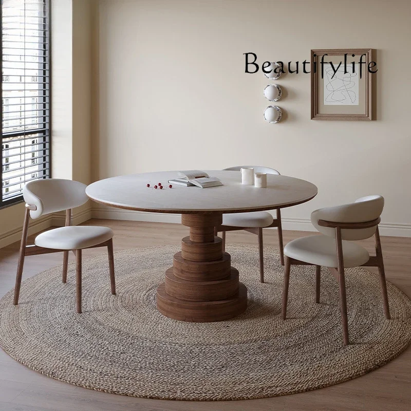 X36 Italian High-end Solid Wood Round Dining Table With Turntable Wabi Antique Walnut-colored Travertine Rock Slab Round Table