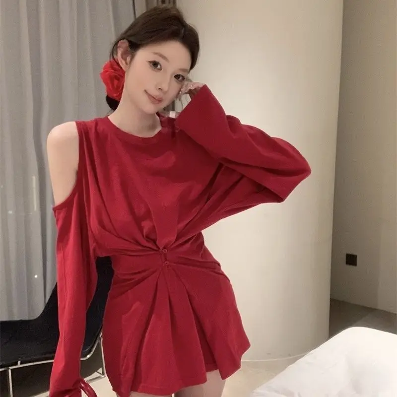 

Oversized Autumn Women Clothes Casual Korean Off Shoulder Long Sleeve T-Shirts Female All-match Irregular Loose Mid Length Top