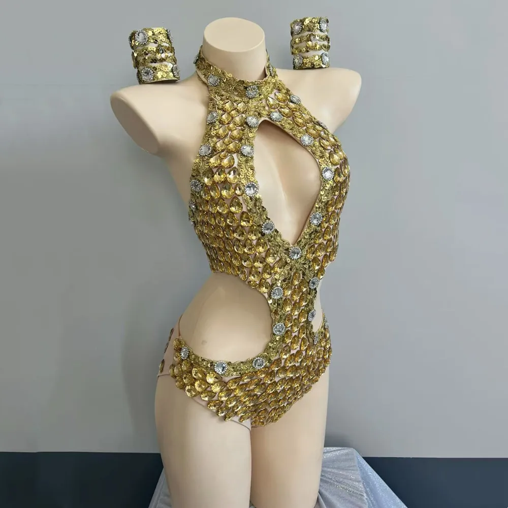 Bar Nightclub Women Sexy Dance Costume Party Gold Rhinestones Sequins Cut Out Bodysuit DJ Dancer Singer Performance Stage Wear