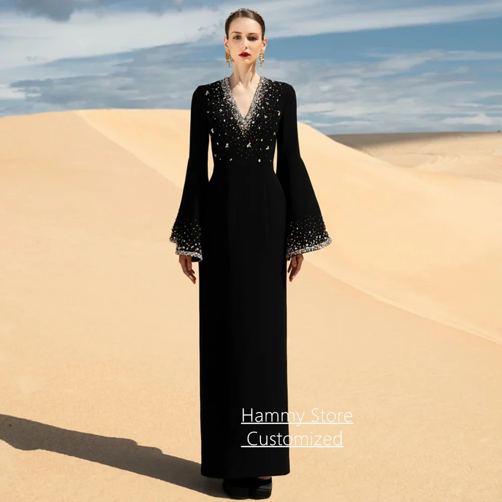 

New Evening Dress Customized V Neck Flare Sleeves Beading Crystal Ankle Length Black Prom Gown Formal Occasion Dresses