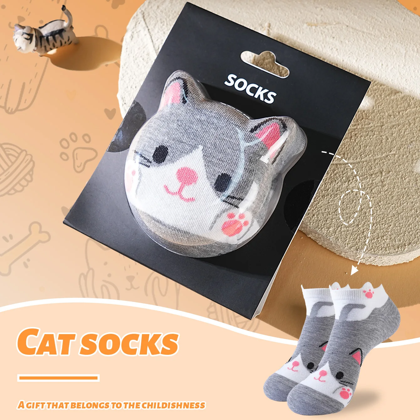 1 pair of unisex short socks with a novel and interesting animal cat design, gift box socks, creative socks, fashionable and trendy style, comfortable and breathable, suitable for parties, casual wear, Valentine's Day, Halloween, birthdays, Christmas, New Year, Thanksgiving, autumn and winter, all-season style, creative gift box