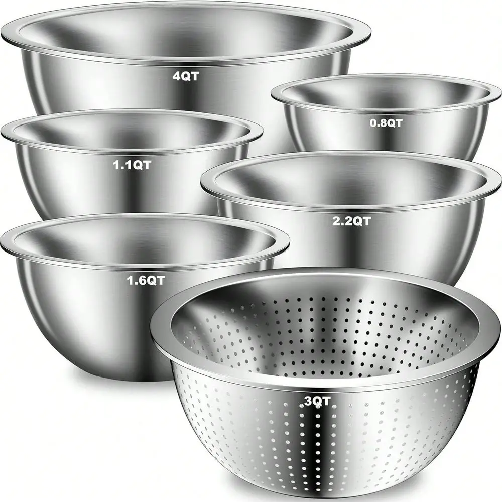 

Heavy-Duty Stainless Steel Mixing Bowls Set Of 5 Plus 3QT Colander, Nesting Metal Bowl For Baking Prep Salads Ser